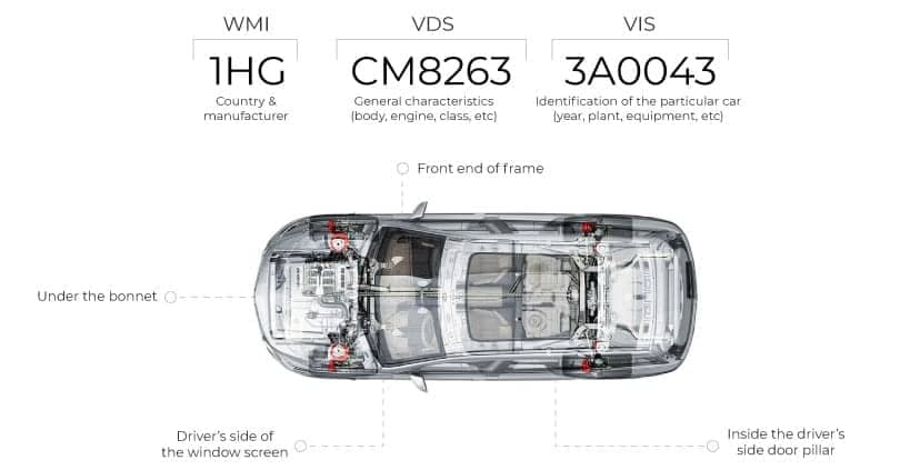 VIN structure breakdown — WMI, VDS, VIS segments with physical VIN locations on the vehicle