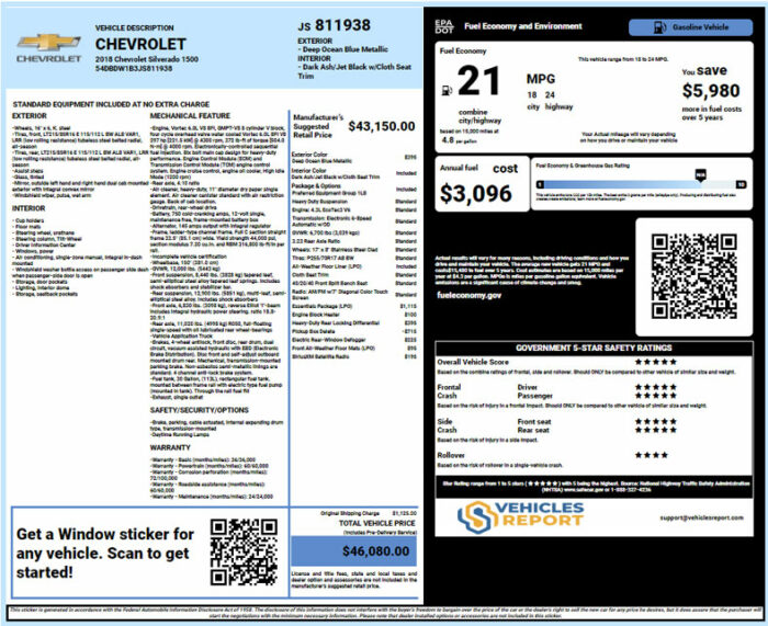Chevrolet window sticker lookup report