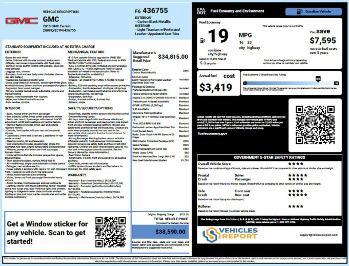 GMC window sticker lookup report
