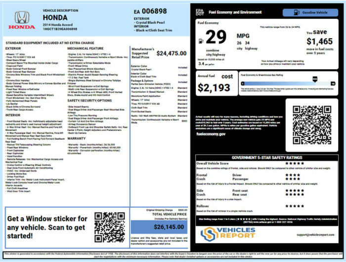 Honda window sticker lookup report