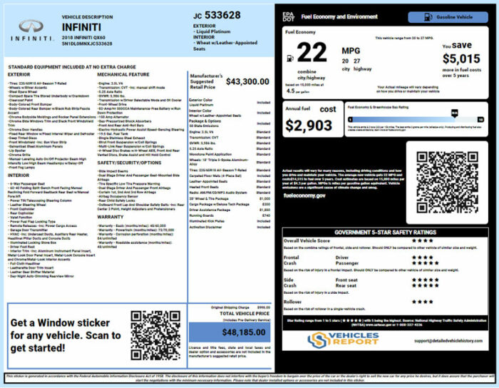 Infiniti window sticker report
