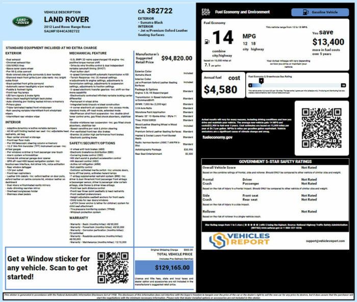 Land Rover window sticker lookup report
