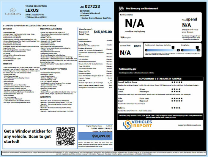 Lexus window sticker lookup report