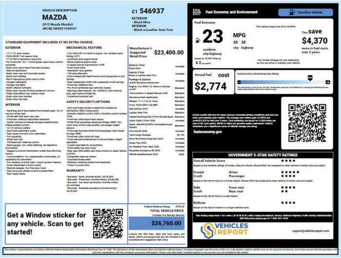 Mazda window sticker lookup report