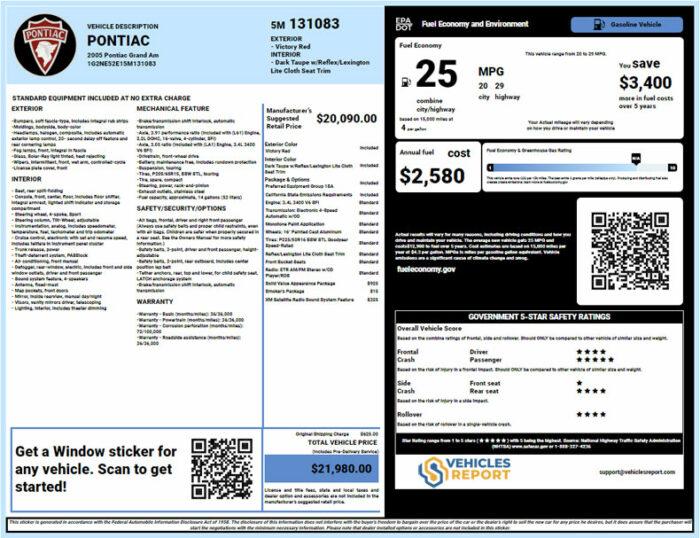 Pontiac window sticker lookup report