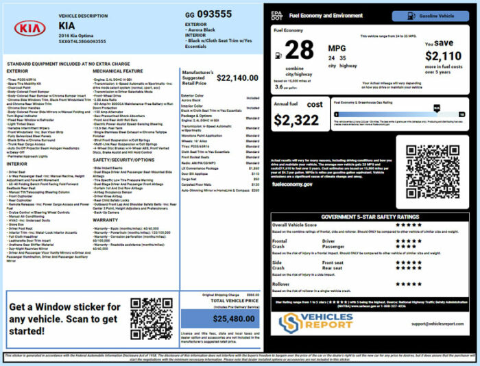 Kia Window Sticker Lookup Report