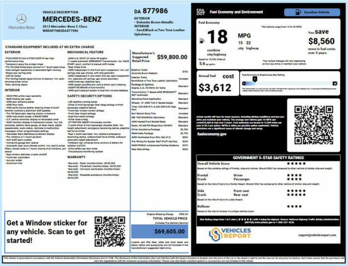 Mercedes Benz window sticker lookup report