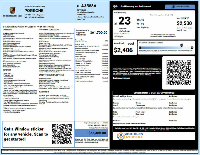 Porsche window sticker lookup report