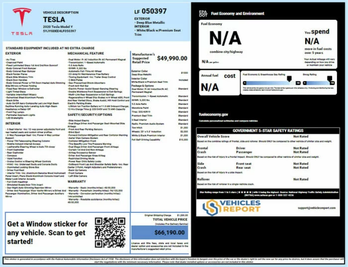 Tesla window sticker lookup report